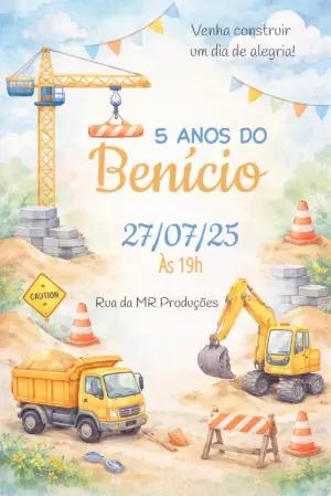 Convite de Aniversário Construção Aquarela Modelo Editável