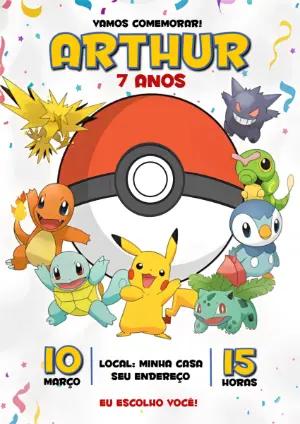 Convite Digital Pokémon para Aniversário Infantil Editável
