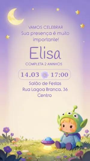 Convite de Aniversário Alienígena Fofo Lilás para Editar