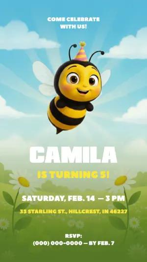 Cute Bee Birthday Invitation Editable Template for Kids