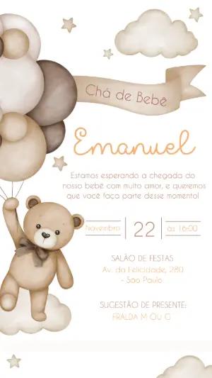 Convite Chá de Bebê Ursinho com Balões Editável