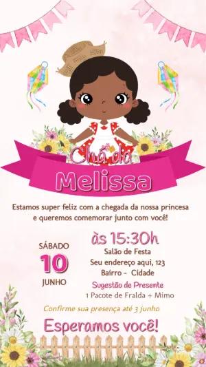 Convite Chá de Fralda Junino Menina Morena para Editar Online