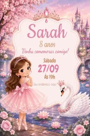 Convite Digital Princesa Bailarina Rosa para Editar
