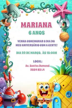 Convite de Aniversário Bob Esponja para Editar e Imprimir