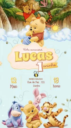 Convite Animado Ursinho Pooh: Aniversário Infantil para Editar