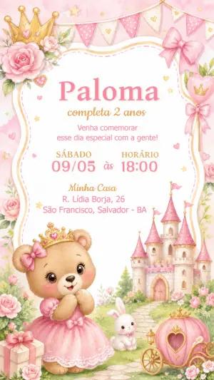 Convite Editável de Aniversário Ursinha Princesa Rosa