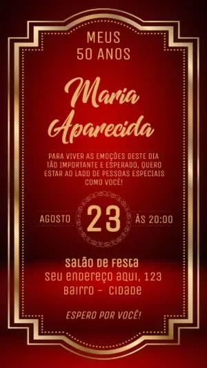 Convite Aniversário Adulto Vermelho e Dourado para Editar