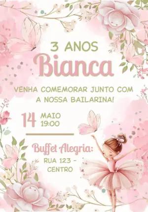 Convite de Aniversário Bailarina Rosa Aquarela para Editar