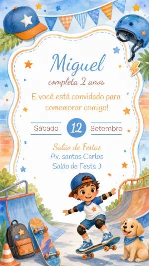 Convite de Aniversário Skate Menino para Editar