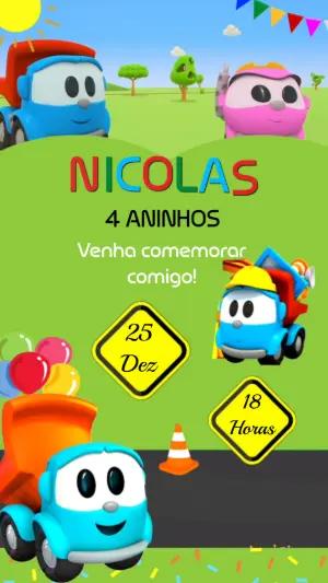 Convite Animado de Aniversário Infantil Caminhões para Editar