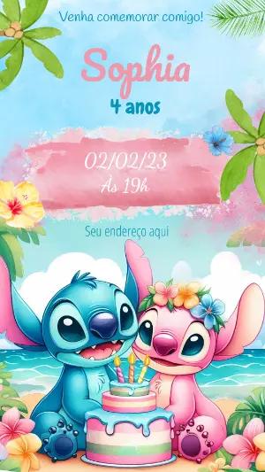 Convite Aniversário Stitch e Angel para Editar Online