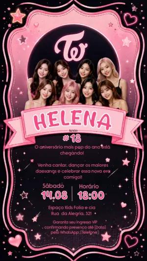 Convite de Aniversário TWICE K-pop Editável para Festa Pop Star