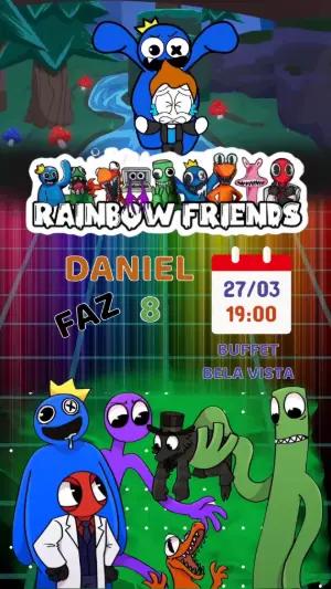 Convite Animado Rainbow Friends para Aniversário Infantil Editável