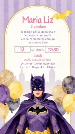 Convite de Aniversário Batgirl Roxo e Amarelo para Editar