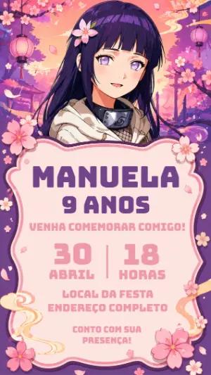 Convite de Aniversário Hinata Naruto Roxo para Editar