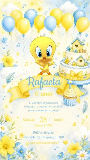 Convite de Aniversário Piu-Piu Aquarela para Editar