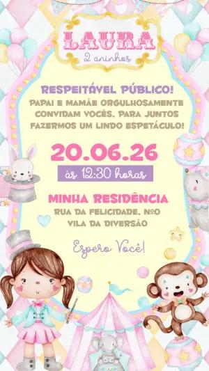 Convite de Aniversário Circo Rosa Aquarela para Editar