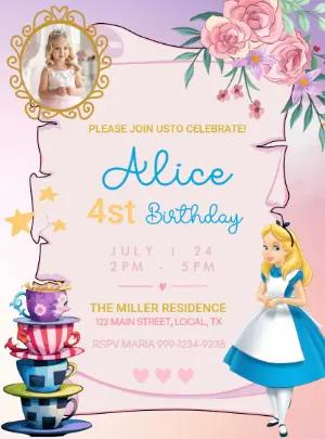 Editable Alice in Wonderland Birthday Invitation for Girls with photo