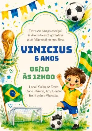 Convite de Aniversário Futebol Brasil Aquarela Editável