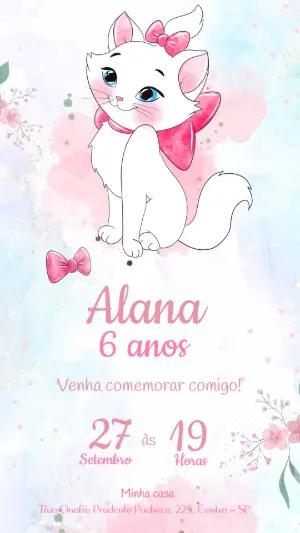 Convite de Aniversário Gatinha Marie Aquarela para Editar