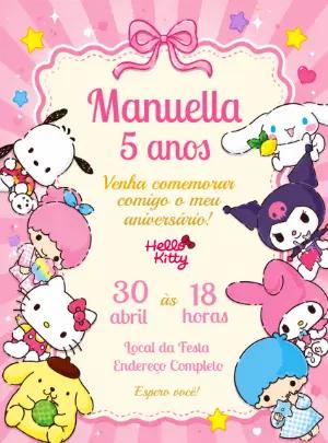 Convite de Aniversário Hello Kitty e Amigos Rosa para Editar