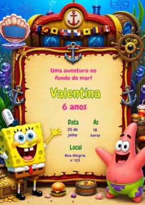 Convite de Aniversário Bob Esponja: Modelo Digital para Editar