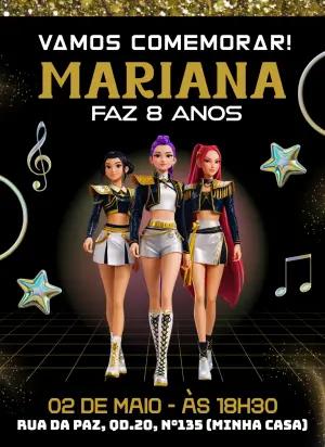 Convite de Aniversário Guerreiras do Kpop Dourado para Editar