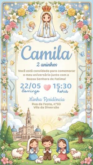 Convite de Aniversário Nossa Senhora de Fátima Fofo Editável