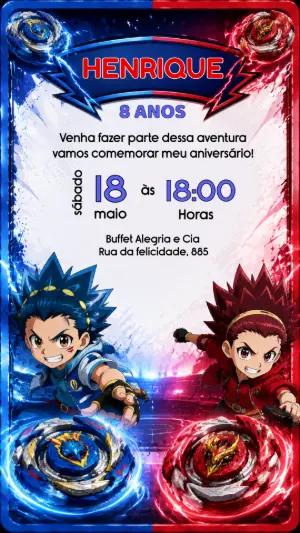 Convite de Aniversário Beyblade Digital para Editar