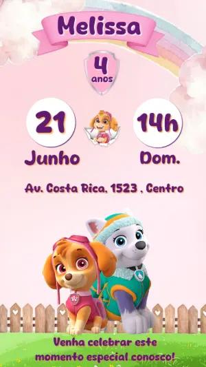 Convite Patrulha Canina Rosa com Skye e Everest para Editar