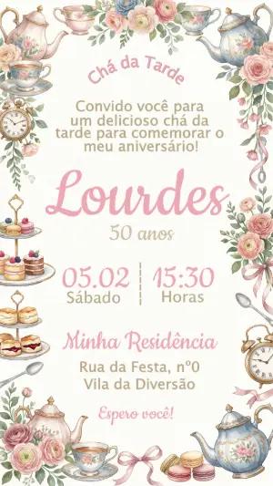 Convite Aniversário Chá da Tarde Floral Aquarela Editável
