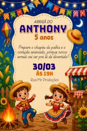 Convite Festa Junina Infantil Colorido para Editar
