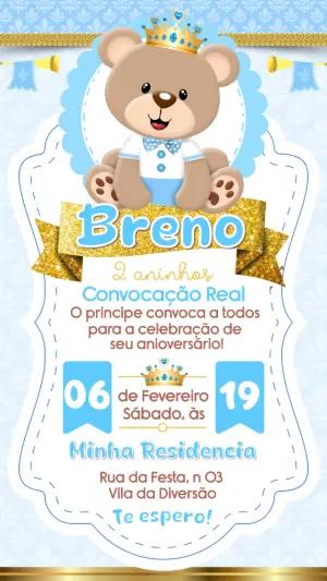 Convite de Aniversário Ursinho Príncipe Azul e Dourado Editável