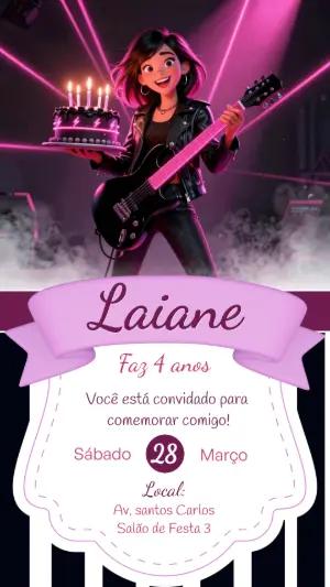 Convite de Aniversário Rockeira Rosa e Preto para Editar
