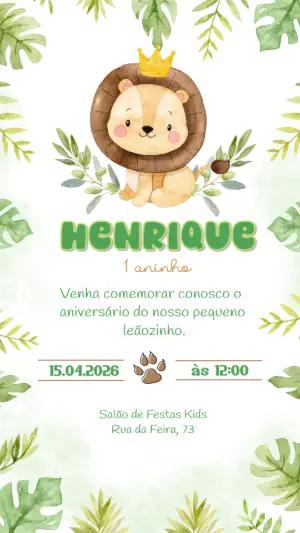 Convite de Aniversário Leãozinho Aquarela para Editar