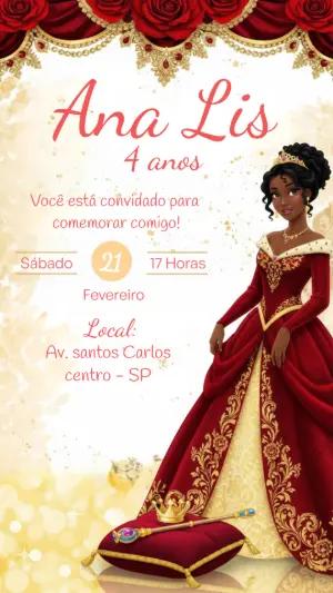 Convite Aniversário Princesa Negra Vermelho e Dourado Editável