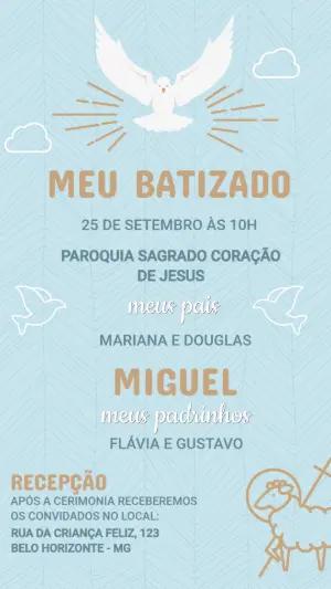Convite de Batizado Azul com Pomba Delicada para Editar Online