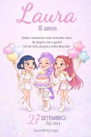 Convite Aniversário Guerreiras K-pop Rosa Modelo Editável