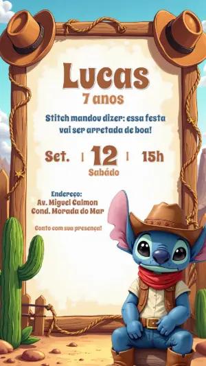 Convite Aniversário Stitch Cowboy para Editar Online