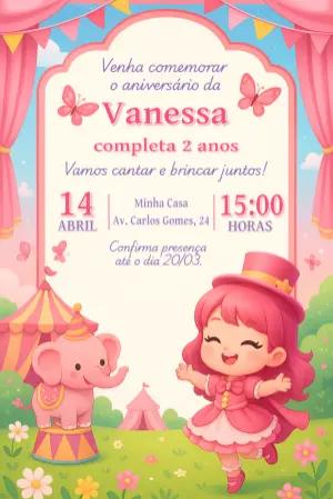 Convite Aniversário Circo Rosa Menina para Editar Online