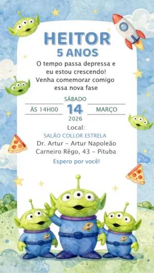 Convite de Aniversário Toy Story Aliens Aquarela para editar