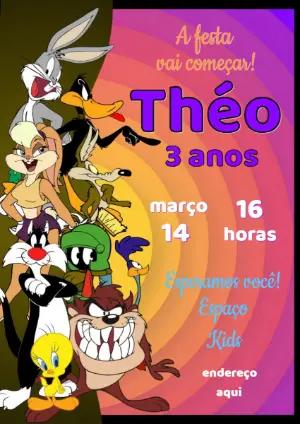 Convite de Aniversário Looney Tunes Colorido para Editar
