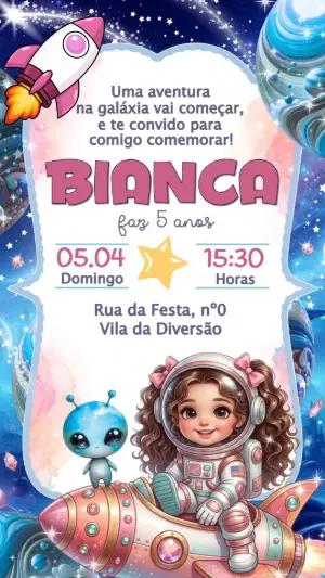 Convite de Aniversário Astronauta Menina Rosa Editável