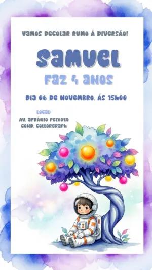 Convite de Aniversário Astronauta Aquarela para Editar Online