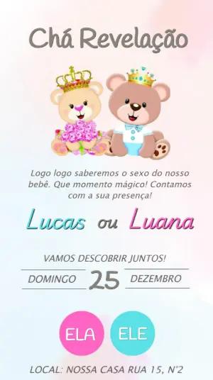 Convite Chá Revelação Ursinho Príncipe e Princesa Editável