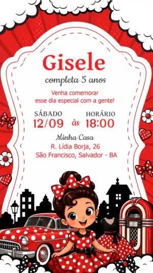 Convite de Aniversário Anos 50 Retrô Menina Editável