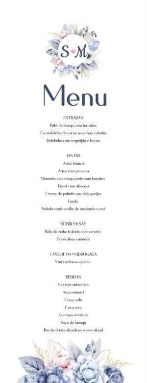 Menu Casamento Floral Azul Serenity para Editar Online