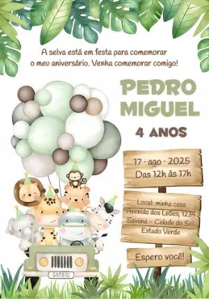 Convite Aniversário Safari com Animais Fofos para Editar Online