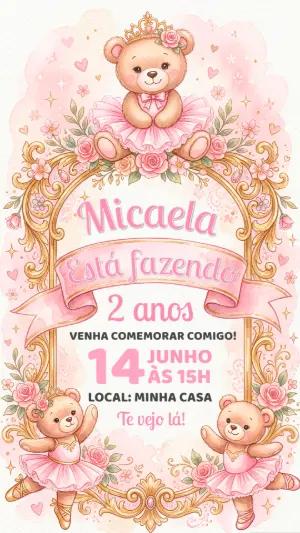 Convite de Aniversário Ursinha Bailarina Rosa Editável