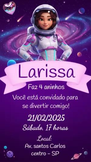 Convite de Aniversário Astronauta Menina no Espaço Editável